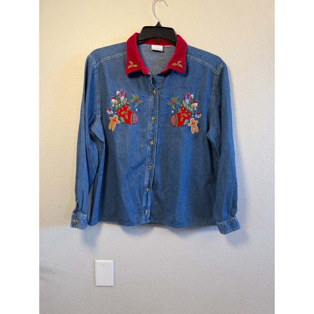 Bobbie Brooks Vintage Christmas Denim Shirt Red Corduroy Collar Embroidered L